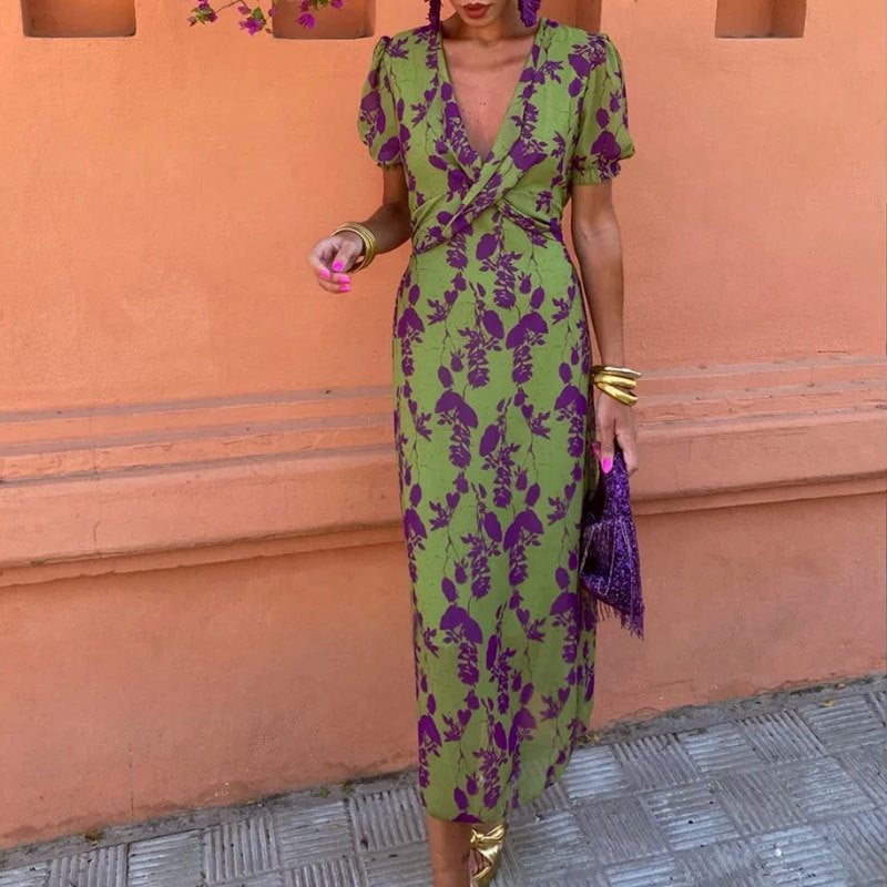 Dawn – Langes elegantes Slim V-Ausschnitt Kurzarmkleid mit Farbkontrastdruck