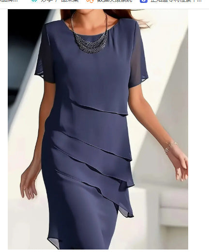 Tanya – Chiffon-Patchwork-Kleid mit rundem Ausschnitt und kurzen Ärmeln