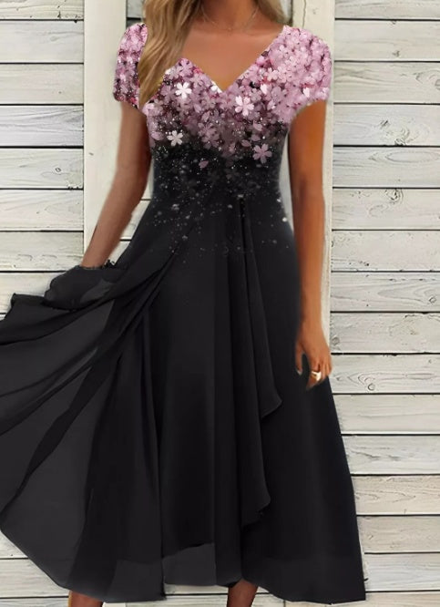 Damen Elegantes Chiffonkleid mit Blumenmuster und V-Ausschnitt – Festliche A-Linien Sommermode