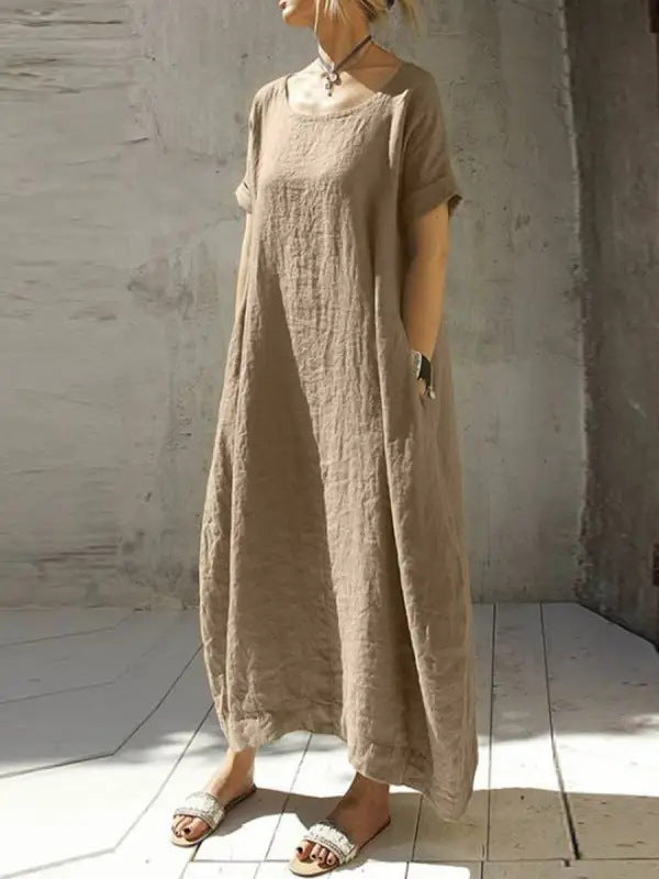 Jasmine – Rundhals-Kurzarm-Waistkleid aus Baumwolle und Leinen in einfarbig