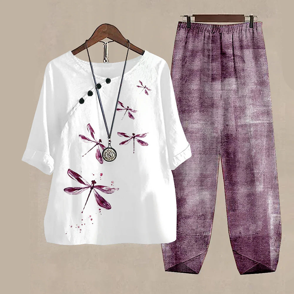 Damen Freizeit Zweiteiler Set – Lockeres Oberteil mit Libellen-Print und Asiatisch Inspirierten Hosen, Modisch für Alltag und Urlaub