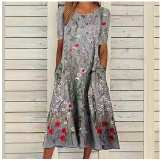 Imogen – Lässiges Damenkleid aus Baumwolle und Leinen mit kurzen Ärmeln und Taschen