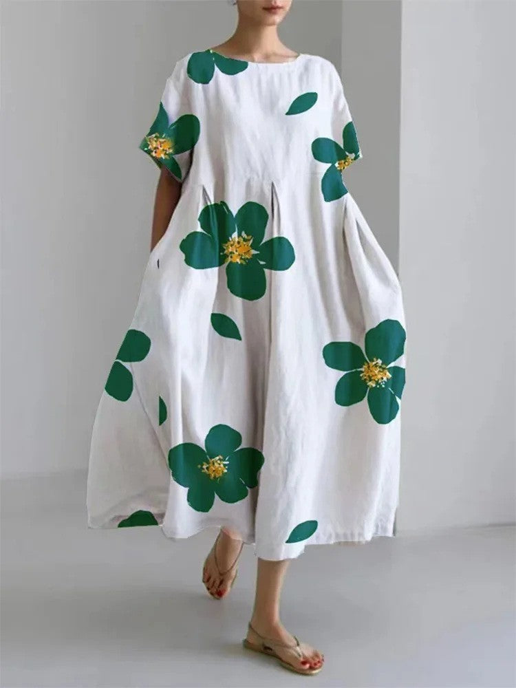 Damen Maxikleid im Retro-Stil mit großem Blumenmuster – Lockeres Sommerkleid für Alltag und Freizeit