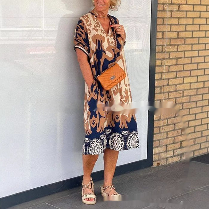 Damen Kaftan Maxikleid mit V-Ausschnitt und modernem Print – Perfekt für Alltag & Urlaub