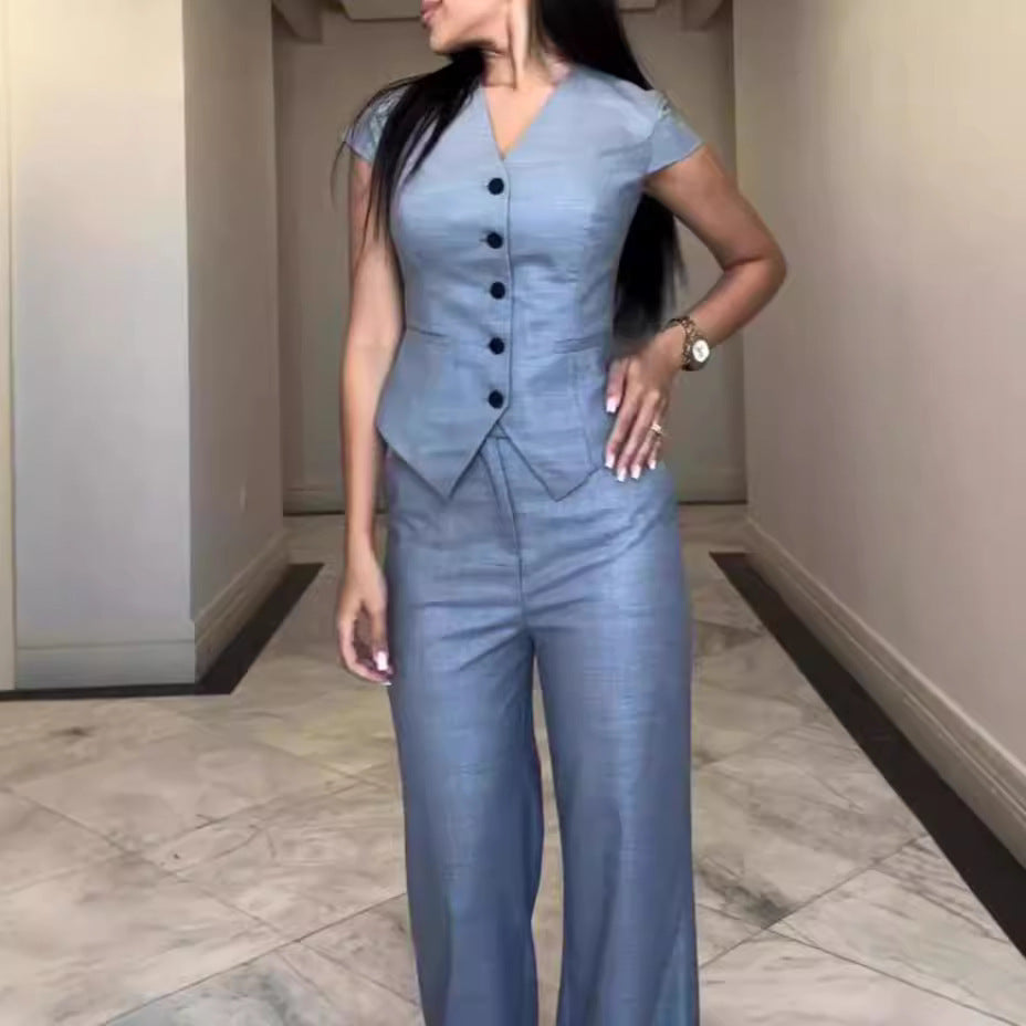 Catherine – V-Ausschnitt Top mit Geraden Hosen