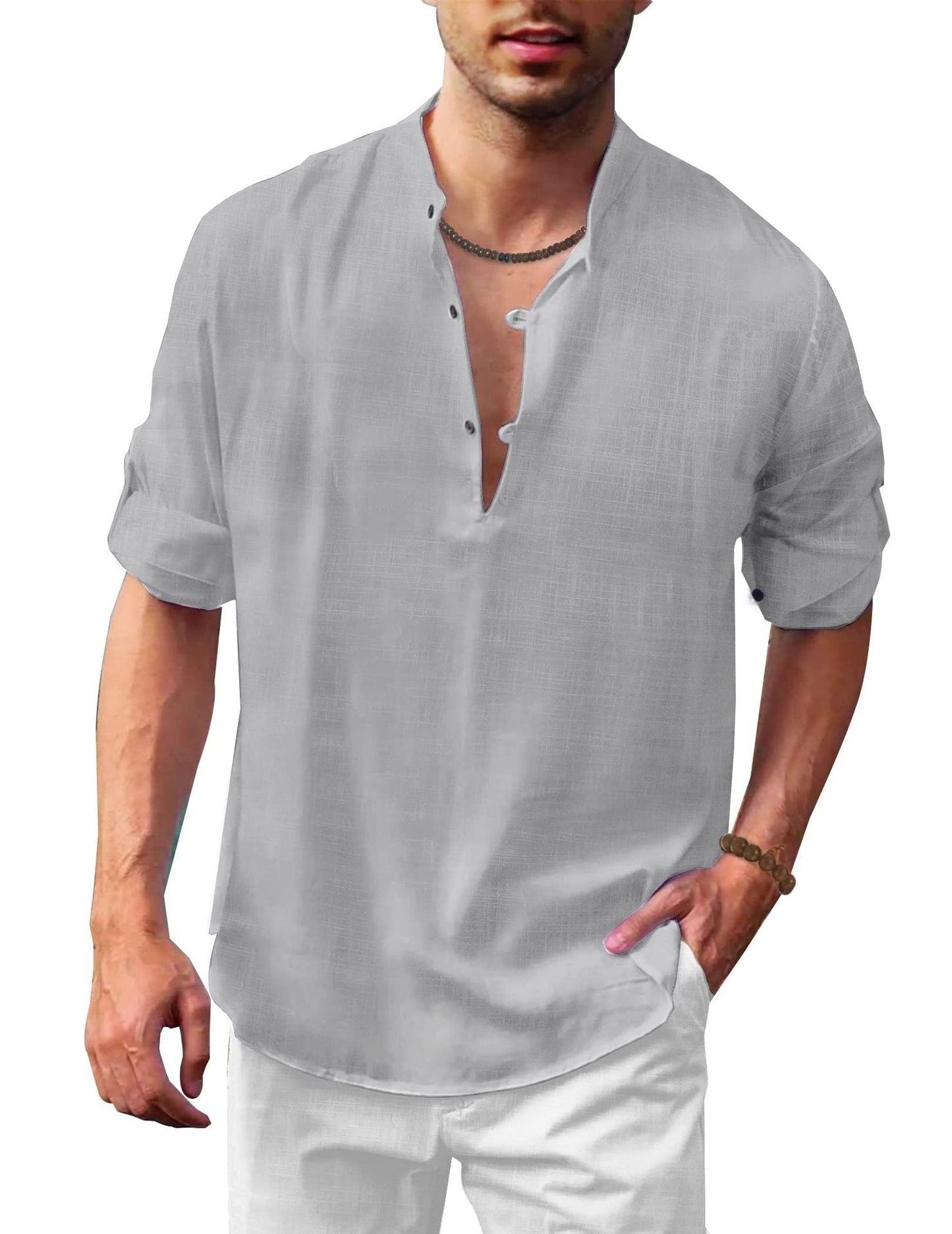 Herren Leinen Freizeithemd mit Stehkragen – Lockere Passform, Langarm, Ideal für Strand und Alltag