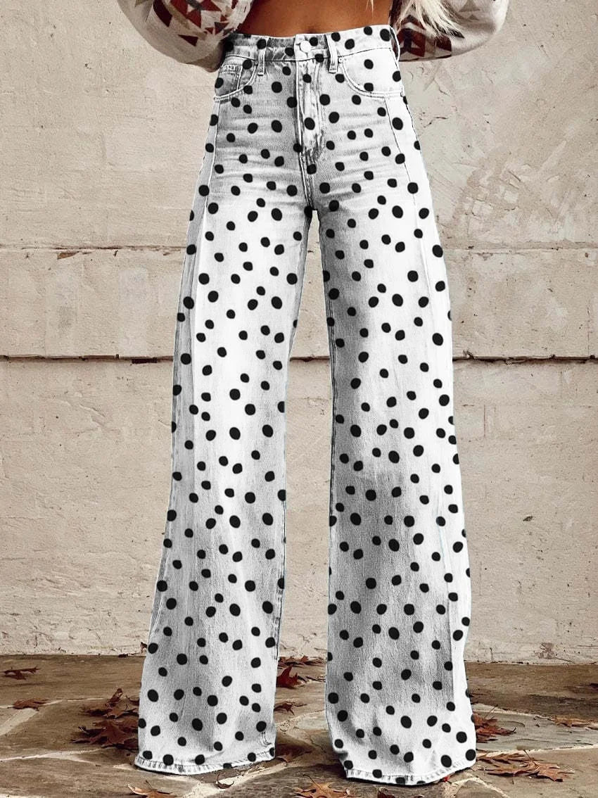 Damen Weite Boho-Jeans mit grafischem Kunst-Design und Vintage-Style, ideal für Streetwear und Festivals