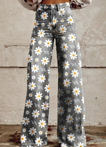 Damen Weite Boho-Jeans mit grafischem Kunst-Design und Vintage-Style, ideal für Streetwear und Festivals