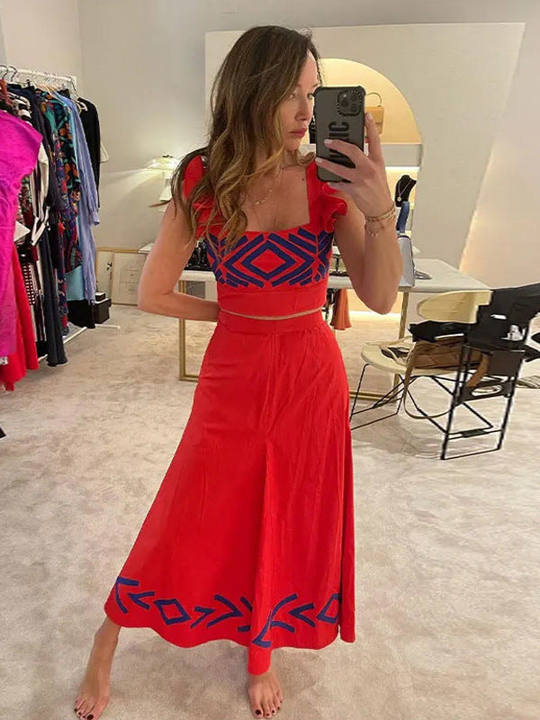 Lynda – Geometrisch bedrucktes hoch tailliertes Trägerkleid mit fliegenden Ärmeln