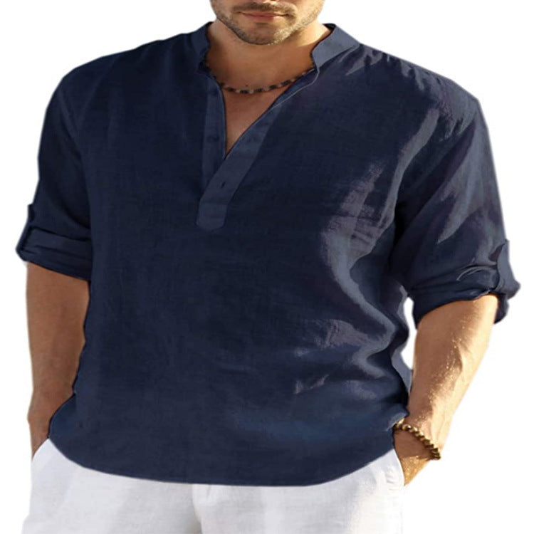 Herren Henley Shirt Langarm – Casual Sommerhemd mit Stehkragen für Freizeit, Büro und Urlaub