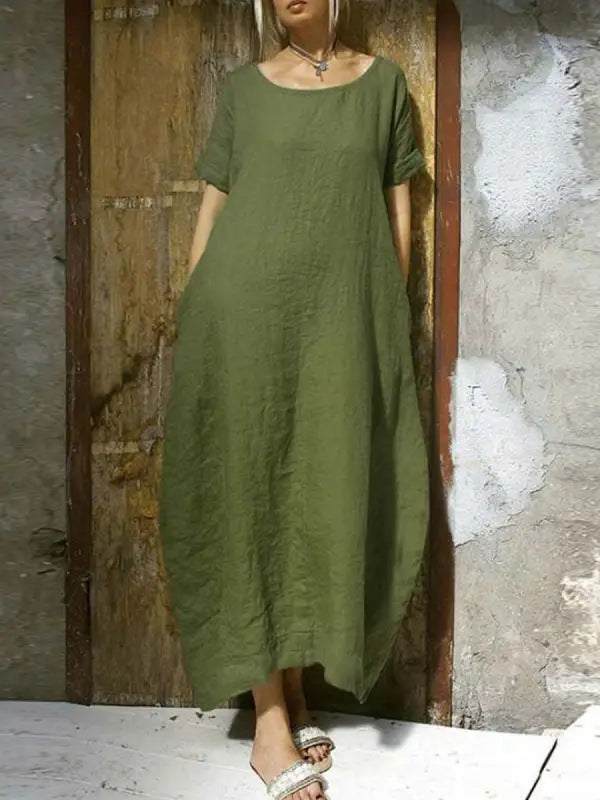 Jasmine – Rundhals-Kurzarm-Waistkleid aus Baumwolle und Leinen in einfarbig