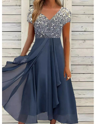 Damen Elegantes Chiffonkleid mit Blumenmuster und V-Ausschnitt – Festliche A-Linien Sommermode