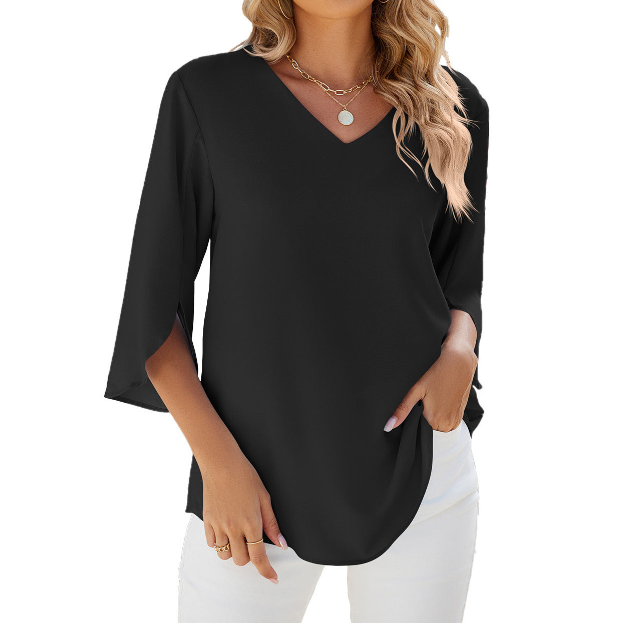 Alison – Lockeres Chiffon-Blusentop mit V-Ausschnitt
