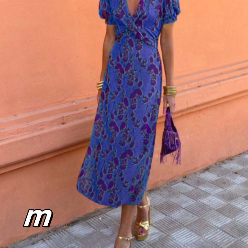 Dawn – Langes elegantes Slim V-Ausschnitt Kurzarmkleid mit Farbkontrastdruck