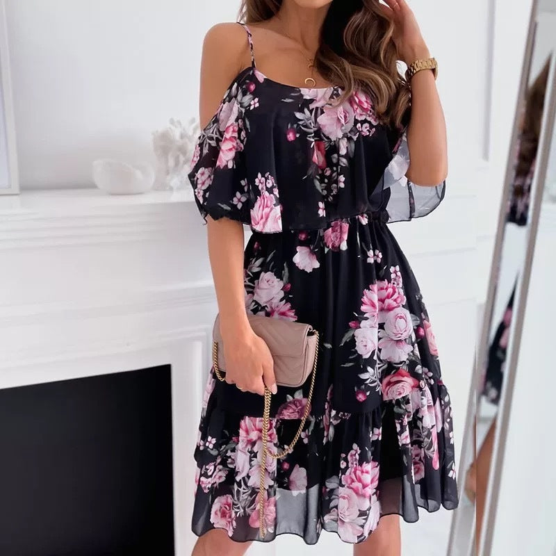 Tanya – Blumenbedrucktes Rüschensuspenders Kleid für Damen