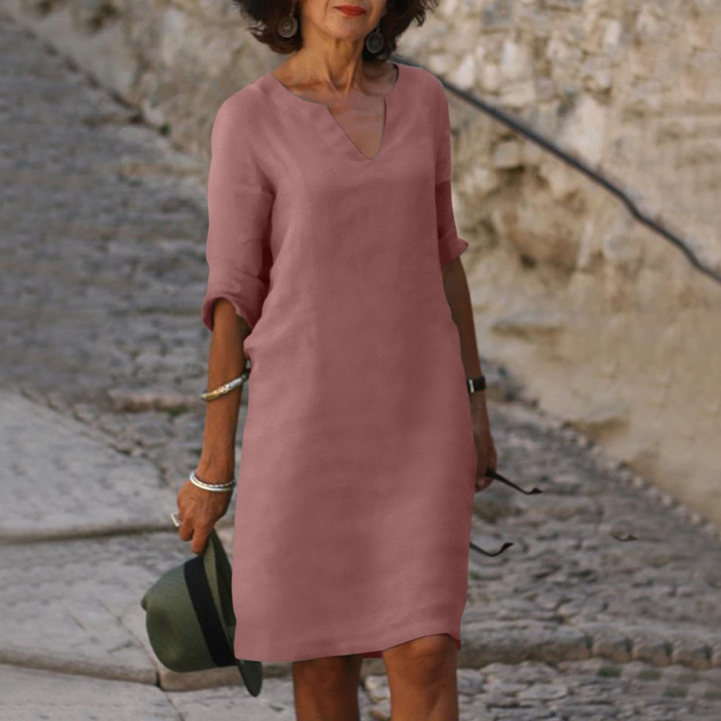 Abigail – Retro Sommerkleid aus Baumwolle und Leinen mit V-Ausschnitt