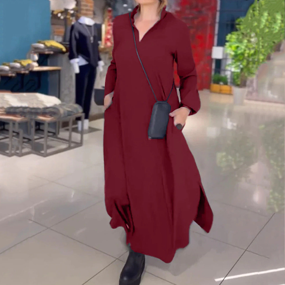Sharon – Lässiges Langarmkleid mit V-Ausschnitt