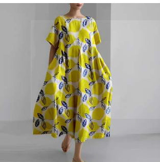 Damen Maxikleid im Retro-Stil mit großem Blumenmuster – Lockeres Sommerkleid für Alltag und Freizeit