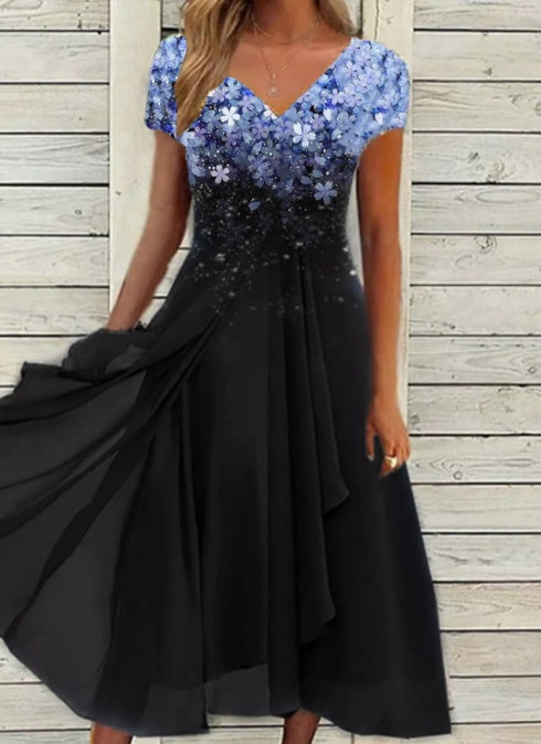 Damen Elegantes Chiffonkleid mit Blumenmuster und V-Ausschnitt – Festliche A-Linien Sommermode