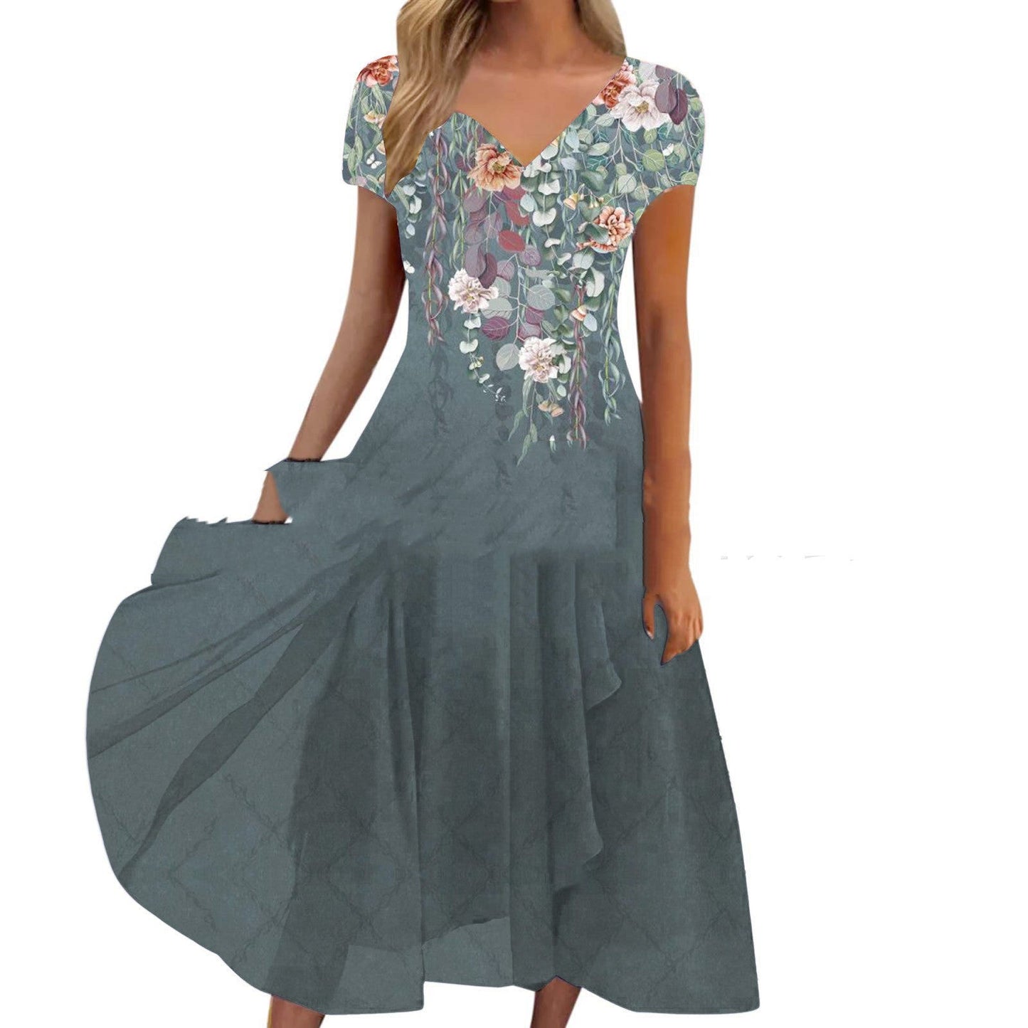 Damen Elegantes Chiffonkleid mit Blumenmuster und V-Ausschnitt – Festliche A-Linien Sommermode