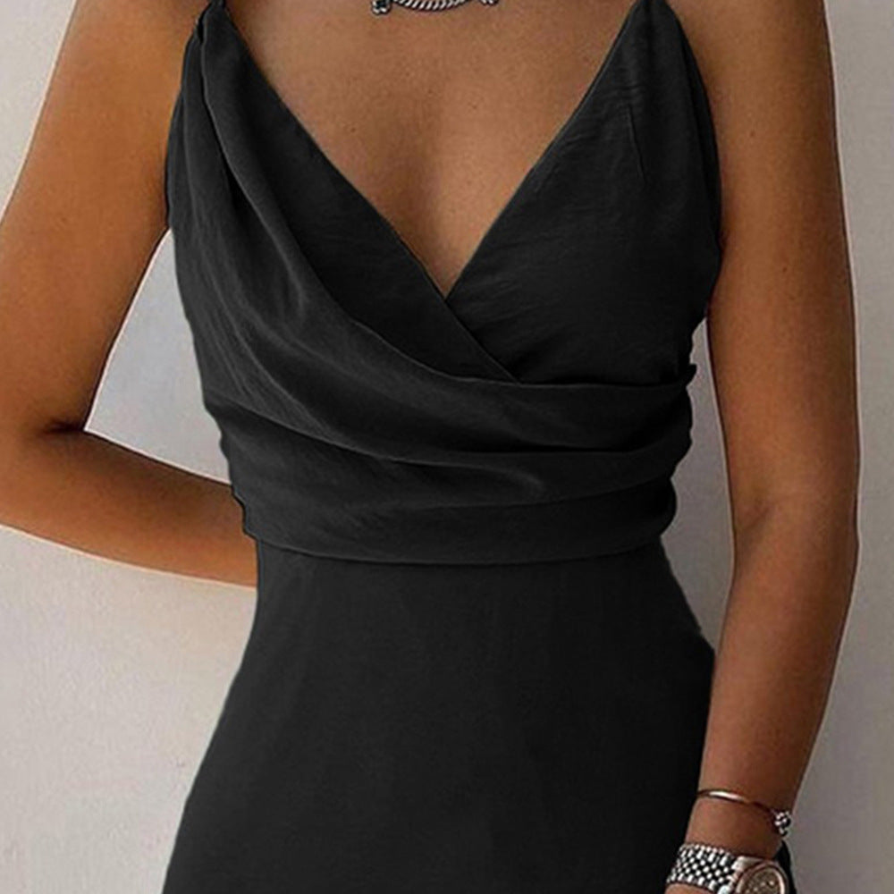 Rachel – V-Ausschnitt Slip-Kleid mit tiefem Ausschnitt und bedrucktem Schlitz