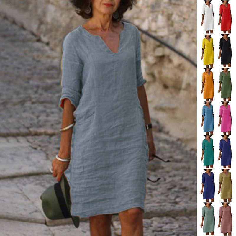 Abigail – Retro Sommerkleid aus Baumwolle und Leinen mit V-Ausschnitt