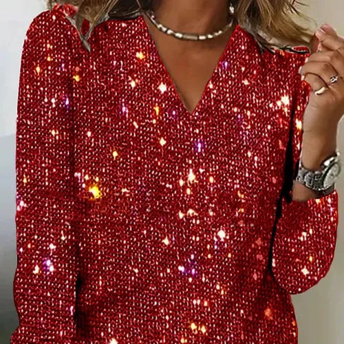 Damen Glitzer Pullover mit V-Ausschnitt – Eleganter Party- und Abend-Style