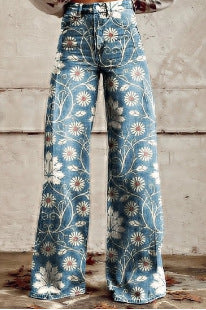 Damen Weite Boho-Jeans mit grafischem Kunst-Design und Vintage-Style, ideal für Streetwear und Festivals