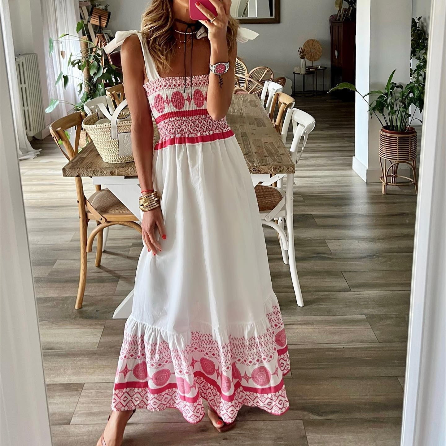 Deborah – Bedrucktes, elastisches, langes Kleid mit Schnürung