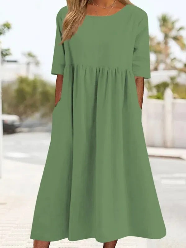 Imogen – Lässiges Damenkleid aus Baumwolle und Leinen mit kurzen Ärmeln und Taschen