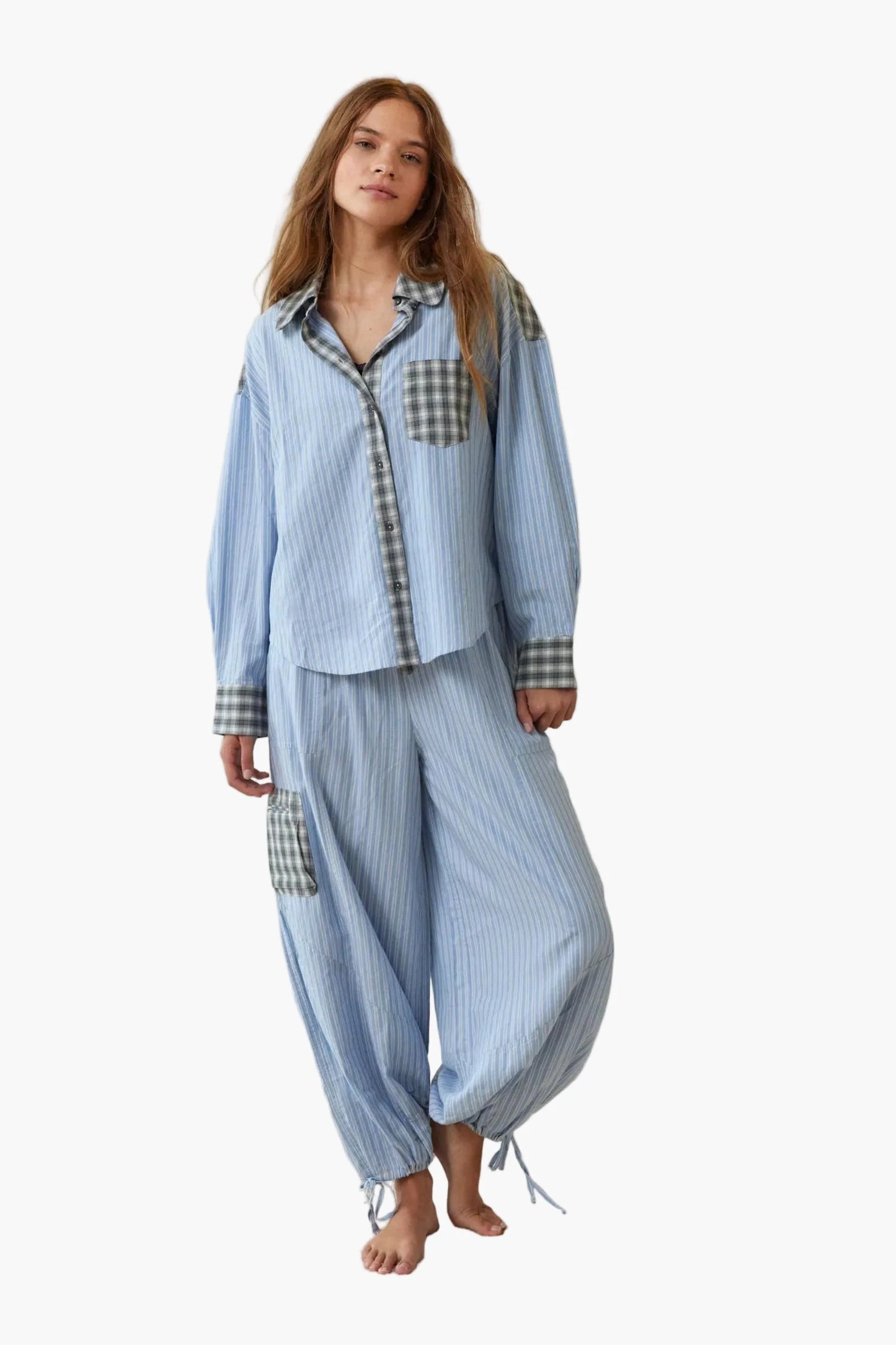 Damen Pyjama Zweiteiler – Modernes Streifen-Karo Design, Lässig & Bequem für Zuhause