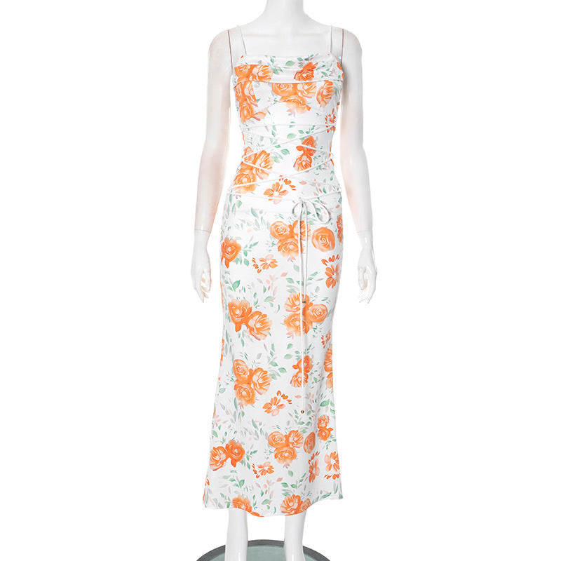 Alice – Bedrucktes Spaghetti-Träger-Kleid mit Schnürung