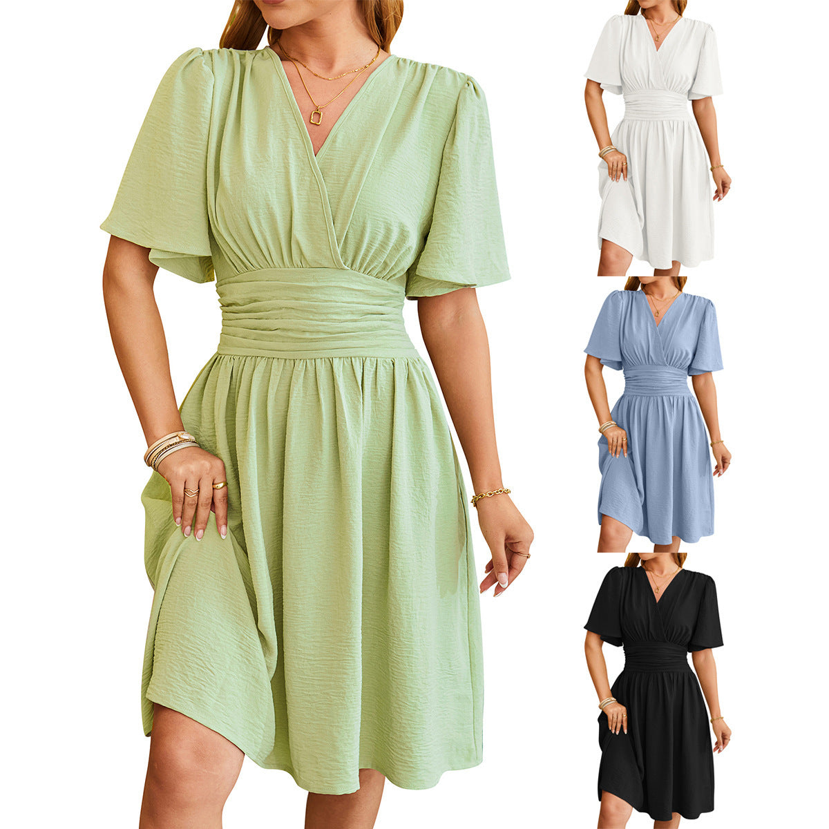 Sarah – V-Ausschnitt Kurzarmkleid mit modischen Glockenärmeln für den Sommer