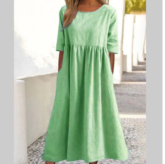 Imogen – Lässiges Damenkleid aus Baumwolle und Leinen mit kurzen Ärmeln und Taschen