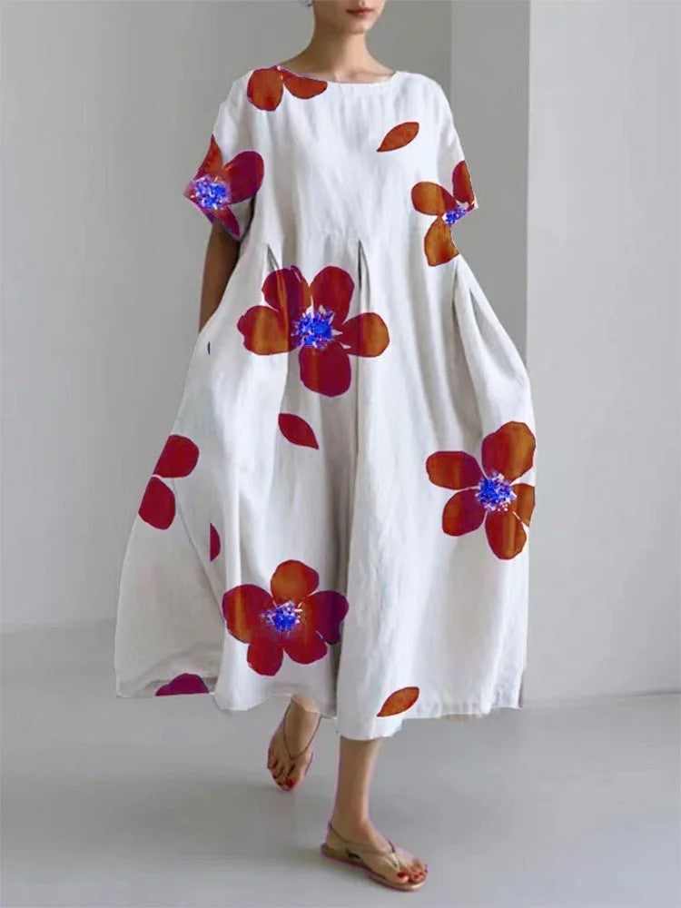 Damen Maxikleid im Retro-Stil mit großem Blumenmuster – Lockeres Sommerkleid für Alltag und Freizeit