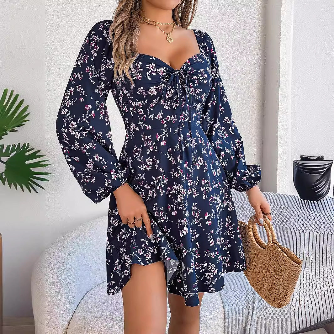 Wendy – Blumendruck Kleid mit Laternenärmeln und A-Linie