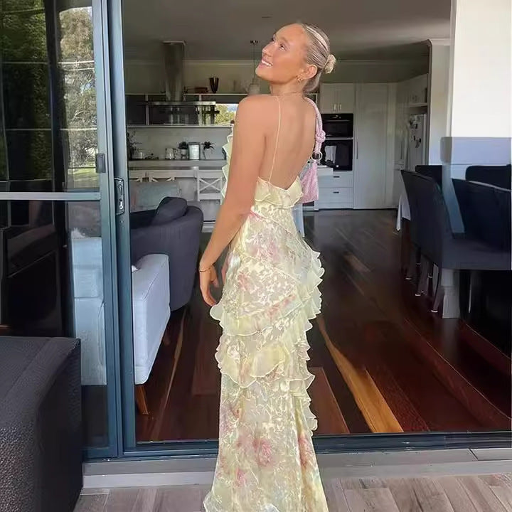 Damen Maxikleid im Boho-Stil für Strand und Sommer – Elegantes, ärmelloses Rüschenkleid für besondere Anlässe