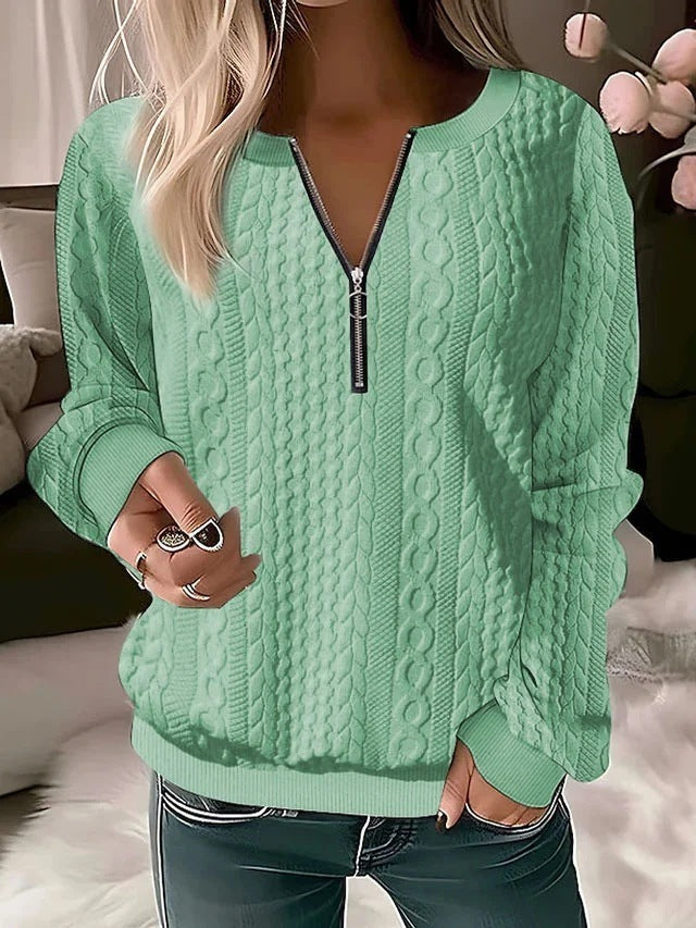 Amanda – Langärmliges T-Shirt mit V-Ausschnitt und Reißverschluss in soliden Farben