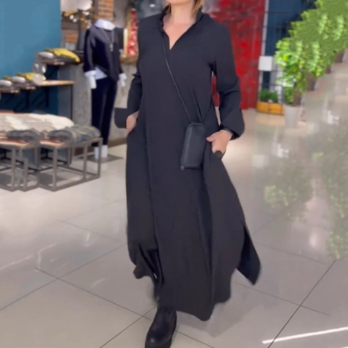 Sharon – Lässiges Langarmkleid mit V-Ausschnitt