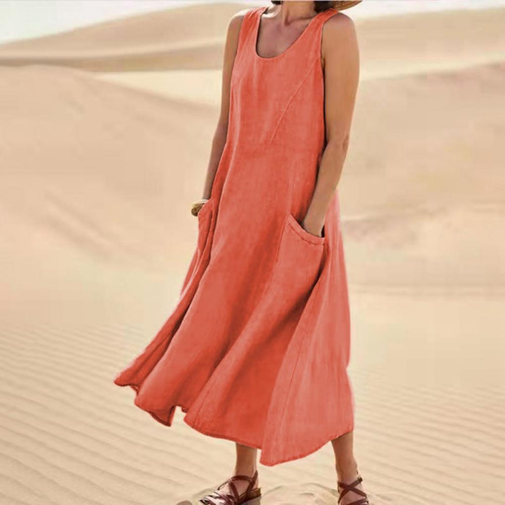 Marie – Langes ärmelloses Kleid mit Taschen