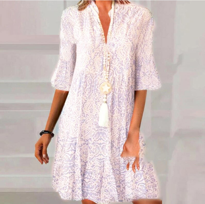 Mary – Lockeres V-Ausschnitt Kleid mit Blumenmuster