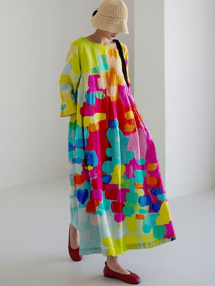 Damen Maxikleid im Retro-Stil mit großem Blumenmuster – Lockeres Sommerkleid für Alltag und Freizeit