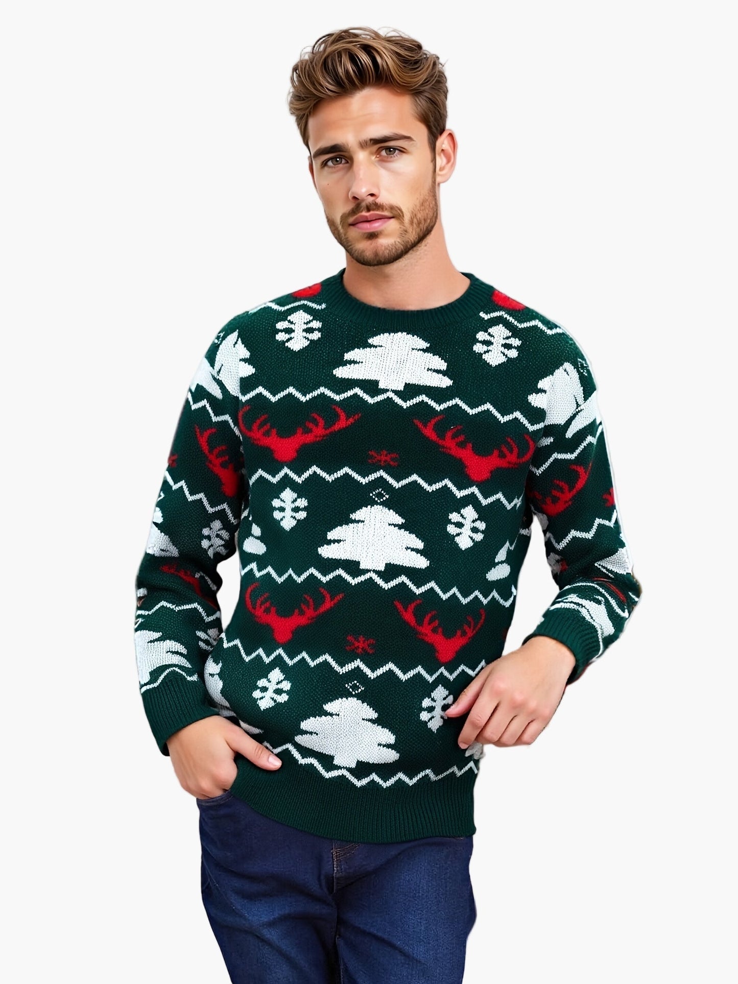 Herren Weihnachts-Pullover mit Rentier- und Tannenbaum-Muster für festliche Anlässe