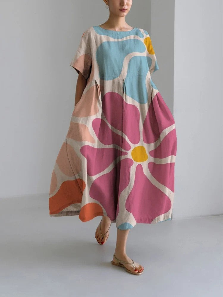 Damen Maxikleid im Retro-Stil mit großem Blumenmuster – Lockeres Sommerkleid für Alltag und Freizeit