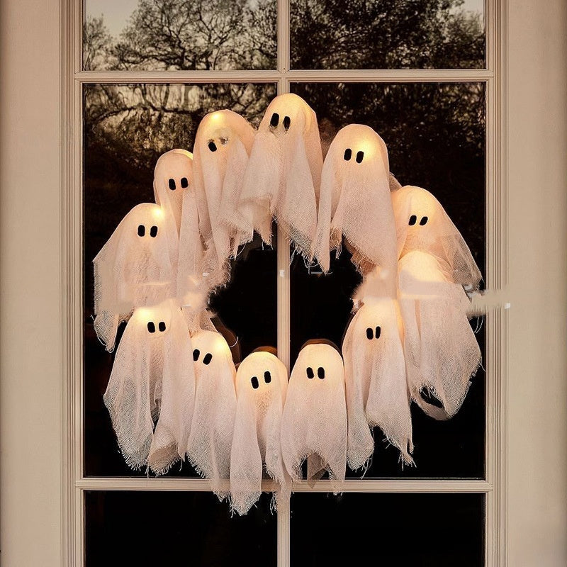 Halloween Türkranz mit Geister-Lichter – Deko für Halloween-Partys & Spukhaus