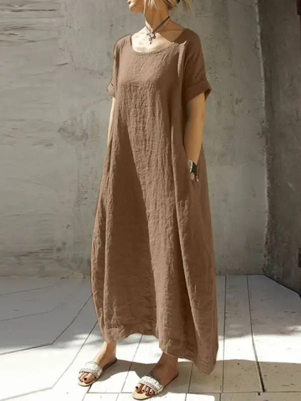 Jasmine – Rundhals-Kurzarm-Waistkleid aus Baumwolle und Leinen in einfarbig