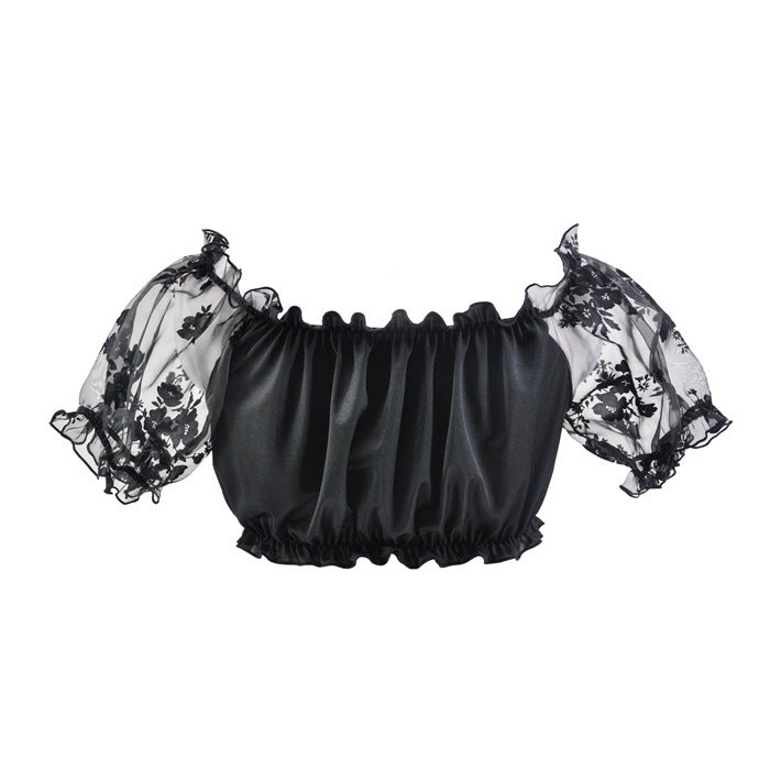 Damen Crop Top mit Puffärmeln und Spitze – Oktoberfest Elegantes Off-Shoulder Oberteil für trendbewusste Frauen