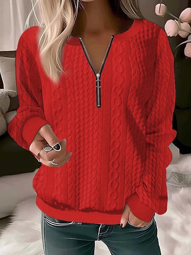 Amanda – Langärmliges T-Shirt mit V-Ausschnitt und Reißverschluss in soliden Farben