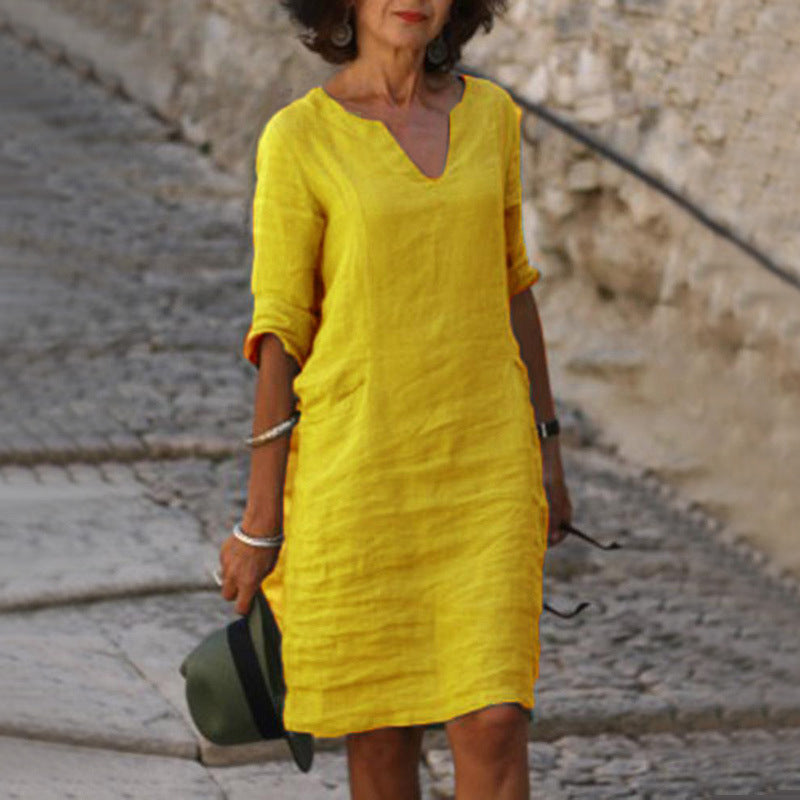 Abigail – Retro Sommerkleid aus Baumwolle und Leinen mit V-Ausschnitt