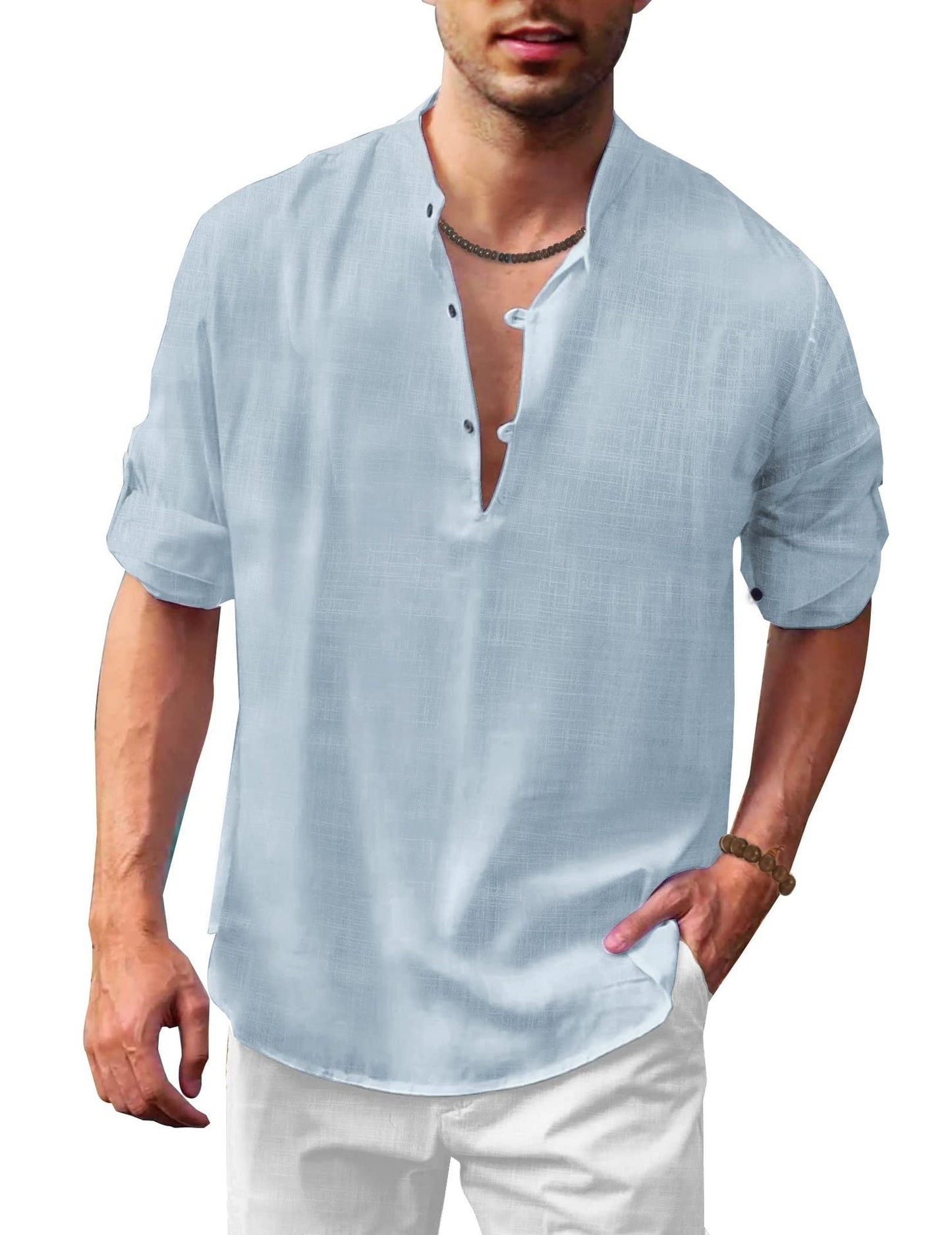 Herren Leinen Freizeithemd mit Stehkragen – Lockere Passform, Langarm, Ideal für Strand und Alltag